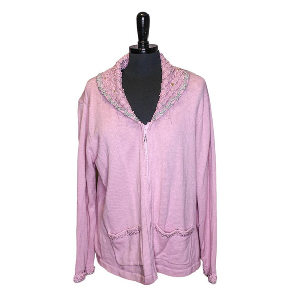 Vintage Storybook Knits Cardigan Sweater Pink Silver Embroidered Faux Pearls 1X - Picture 1 of 6